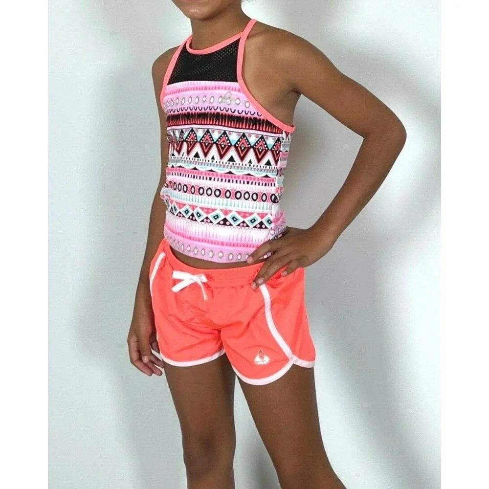 NEW Gerry Girls 3-pc Swimsuit Set‎ Neon Orange Pink 12 Tankini Bikini Shorts